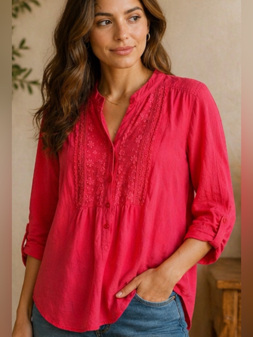 Style & Co. Coral-Red Embroidered Button-Front Tunic